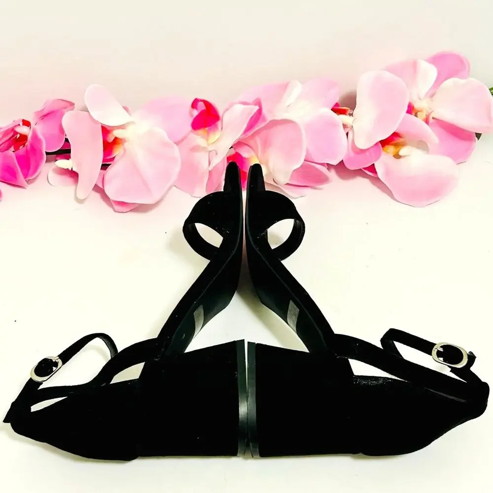 Lulus Danielia Black Faux Suede Block Heel Ankle Strap Sandals NWT 7.5